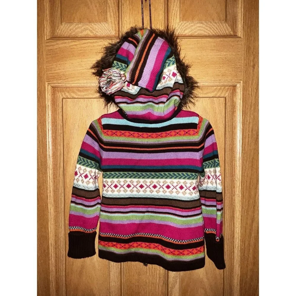 GAP Girls Y2K 2T Sweater Hoodie Full Zip 07/2009 Faux Fur‎ EUC Striped